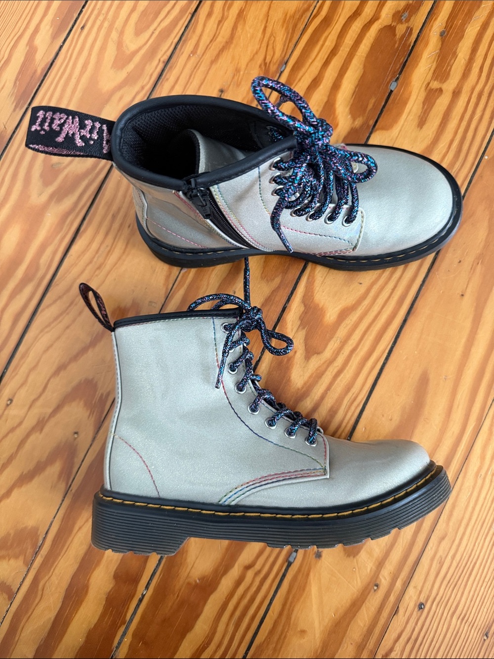Dr. Martens Metallic Silver Lace-Up Combat Boots with Multicolor Laces